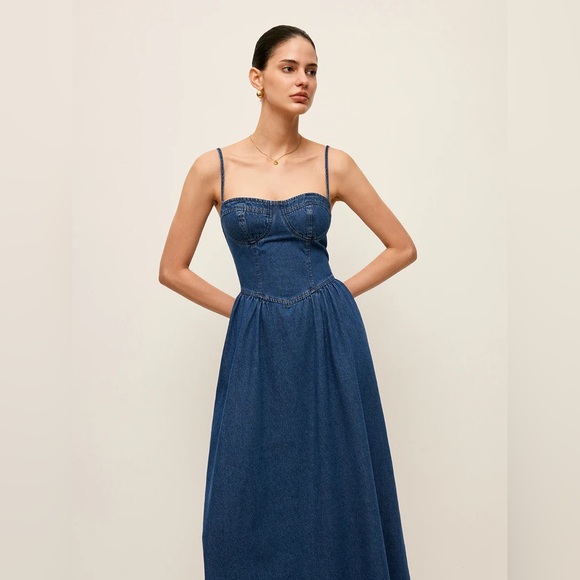 Commense Sweetheart Collar Denim Jean Maxi Dress 4 - Picture 4 of 13